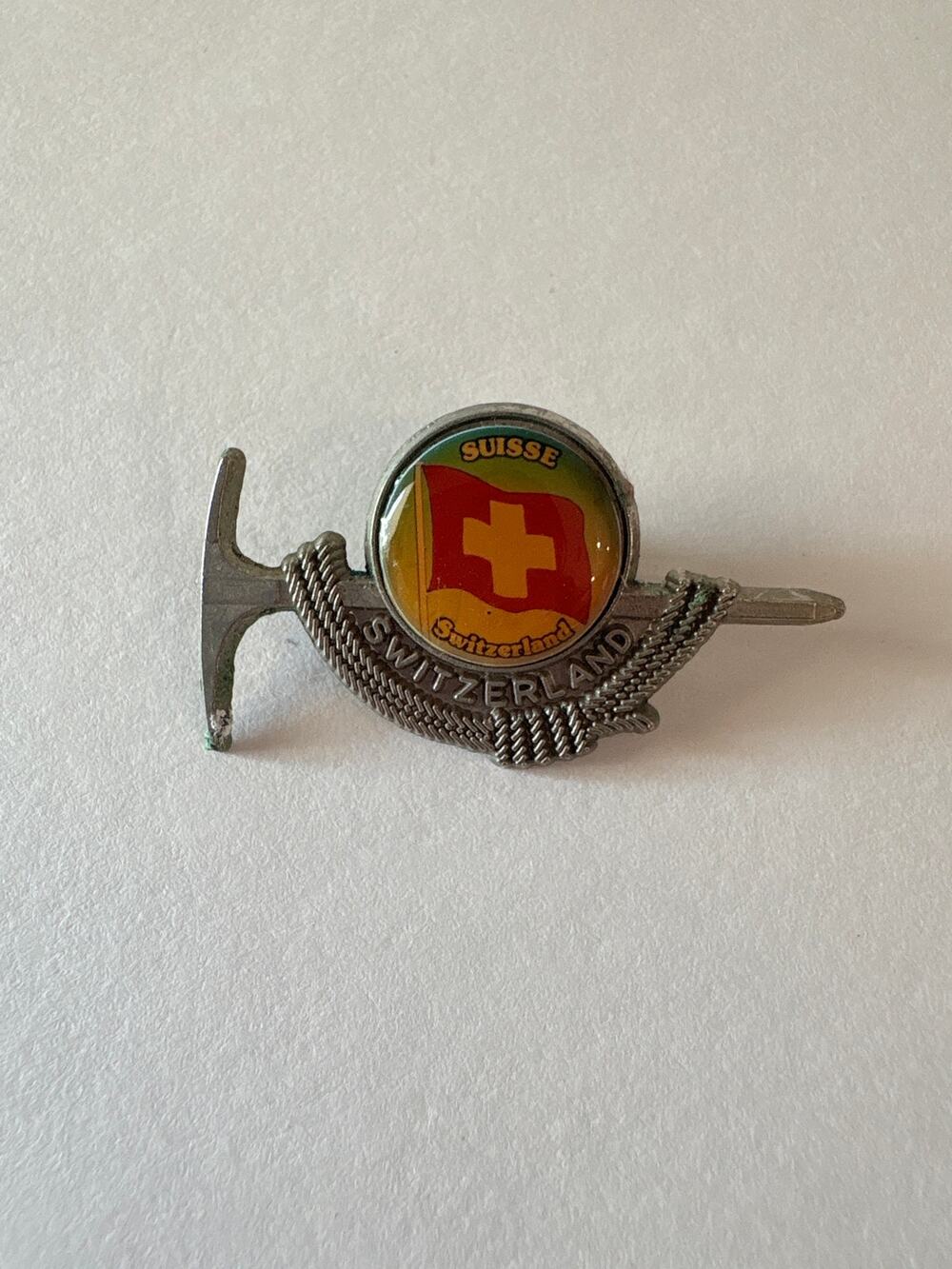 Vintage Switzerland Souvenir Pin Swiss Flag Halberd Hat Lapel Travel Pin 1960s